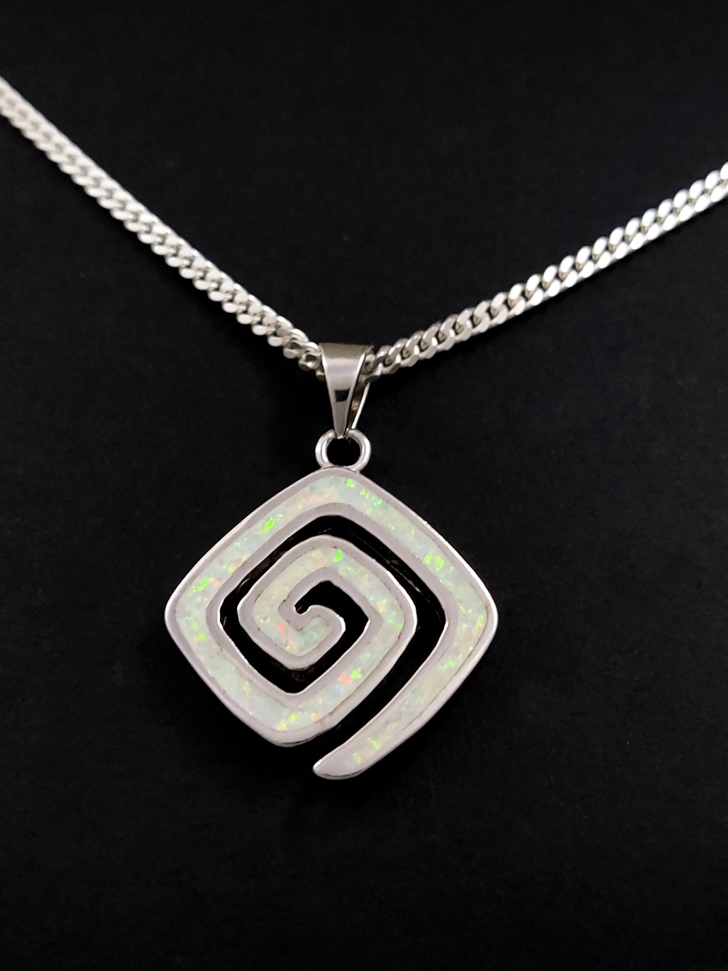 White Opal Greek Spiral Design Silver Necklace Pendant 15x15mm