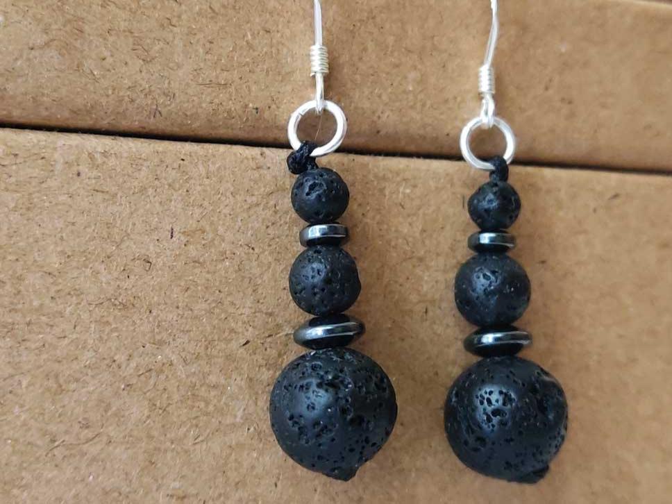 "Handcrafted volcanic lava stone dangle earrings with sterling silver ear wires, featuring 10mm, 6mm, and 4mm stones – made in Greece with free worldwide shipping."