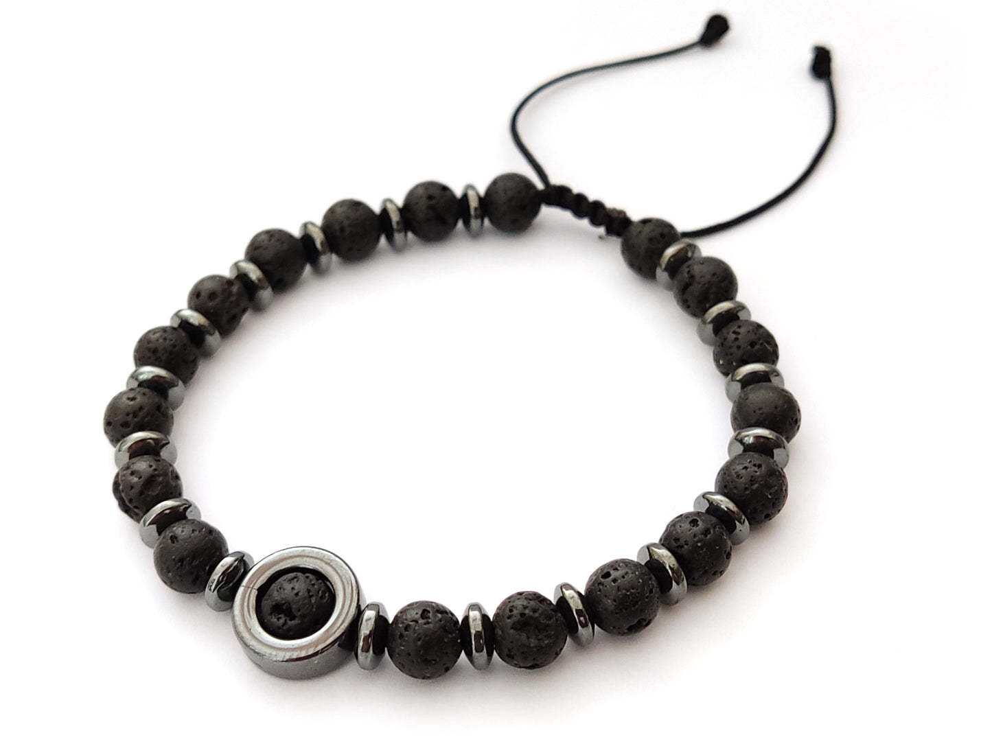 Greek Lava Hematite Natural Stones Adjustable Bracelet 6mm