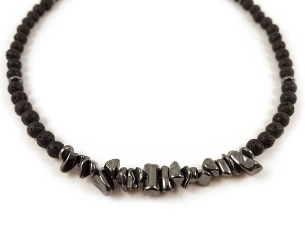 Close-up of Greek Lava & Hematite Necklace – A detailed view of the 6mm natural lava stones and raw hematite nuggets, showcasing their unique textures and earthy tones.