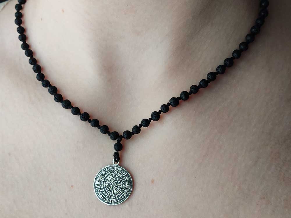 Phaistos Disc Silver 925 Pendant 20mm & Natural Lava Stones Necklace
