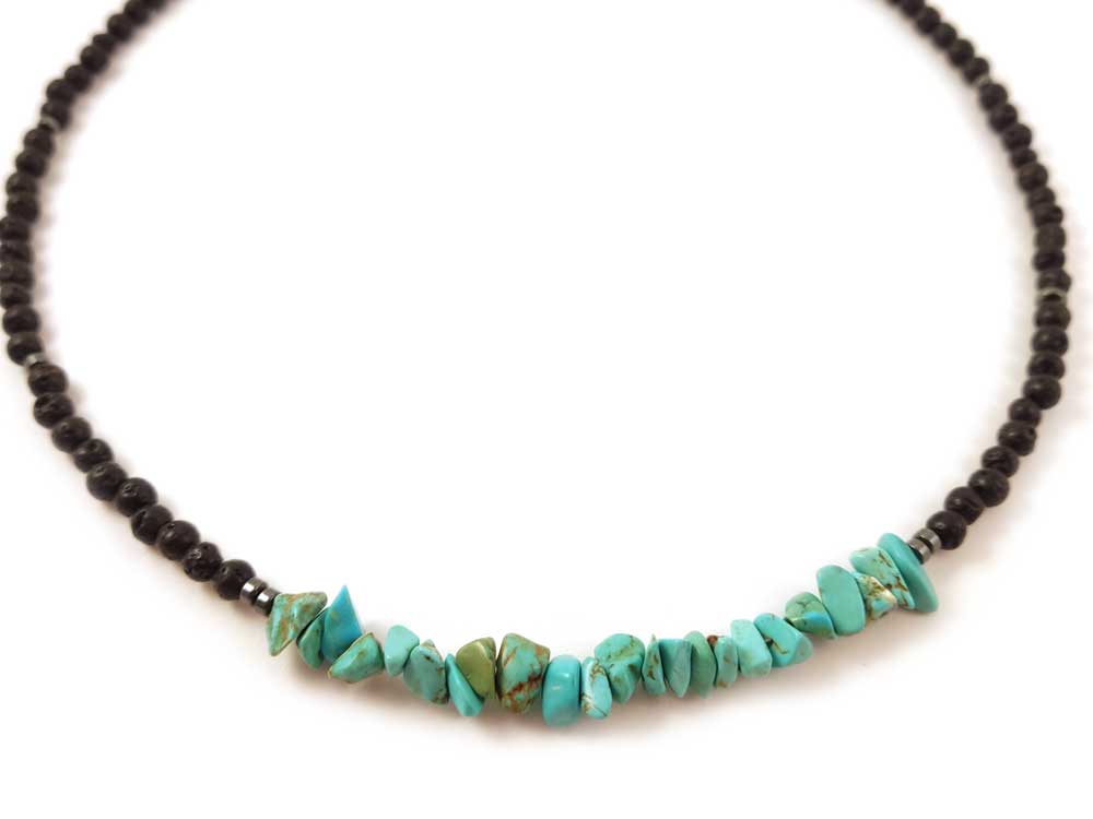 Close-up of Handmade Greek Necklace – A detailed view of the natural 4mm (0.16 inch) lava stones and raw turquoise nuggets, showcasing their unique textures and earthy tones.
