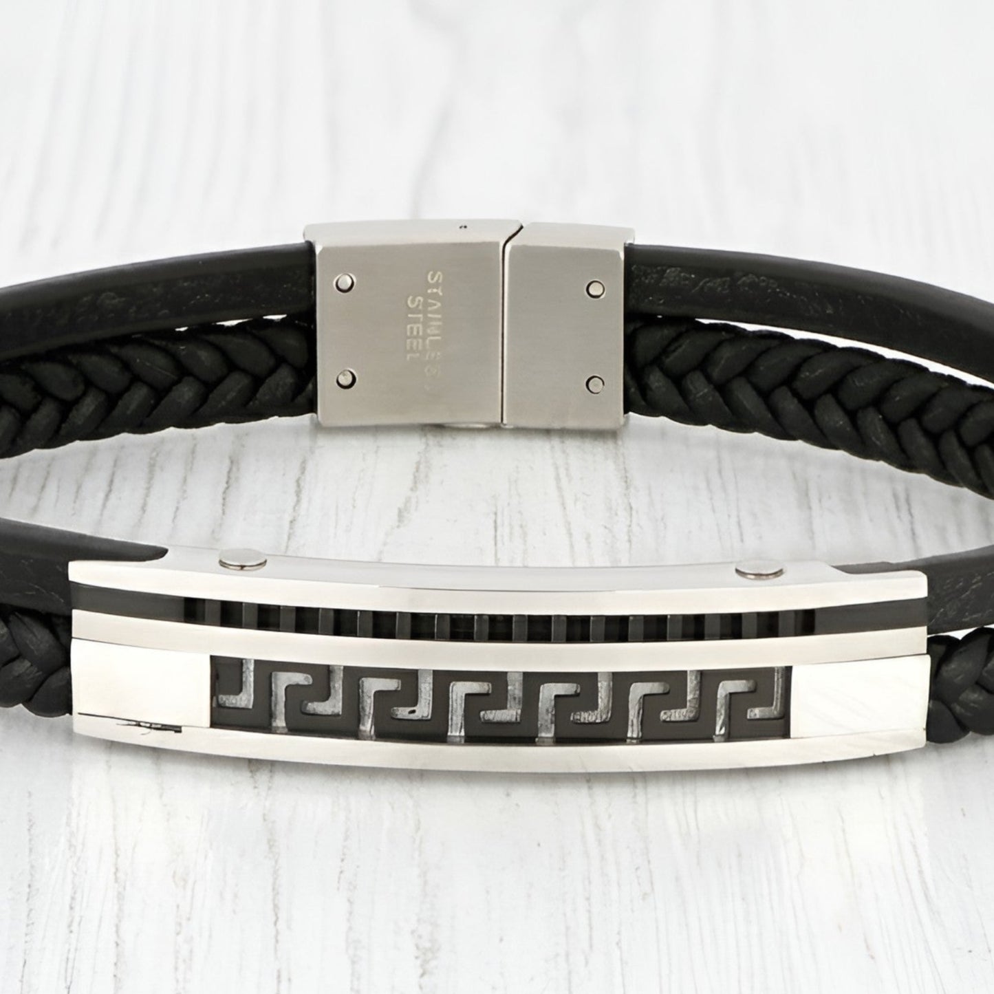 Greek Key bracelet with two strands of real black leather