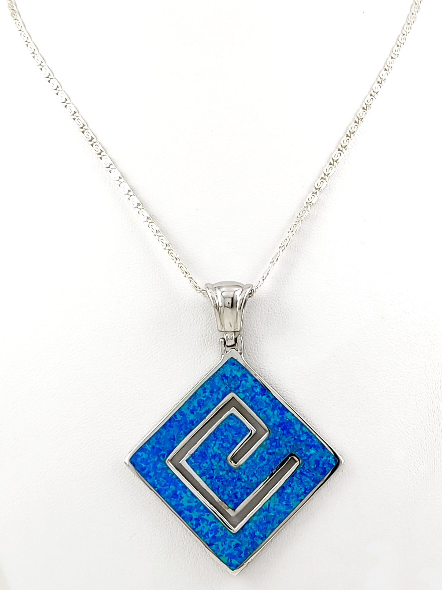 Greek Key Blue Opal Big Square Silver Pendant Necklace