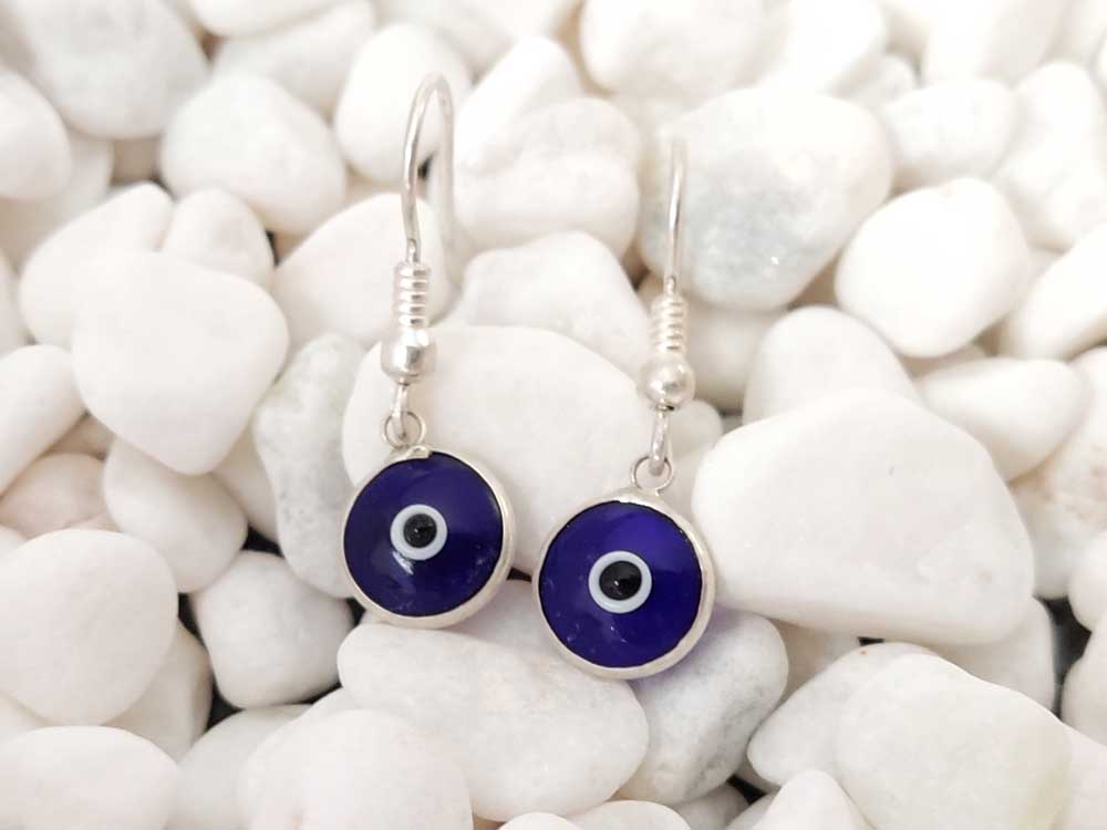 Evil Eye Nazar Mati Dark Blue Greek Silver Dangle Earrings 10mm