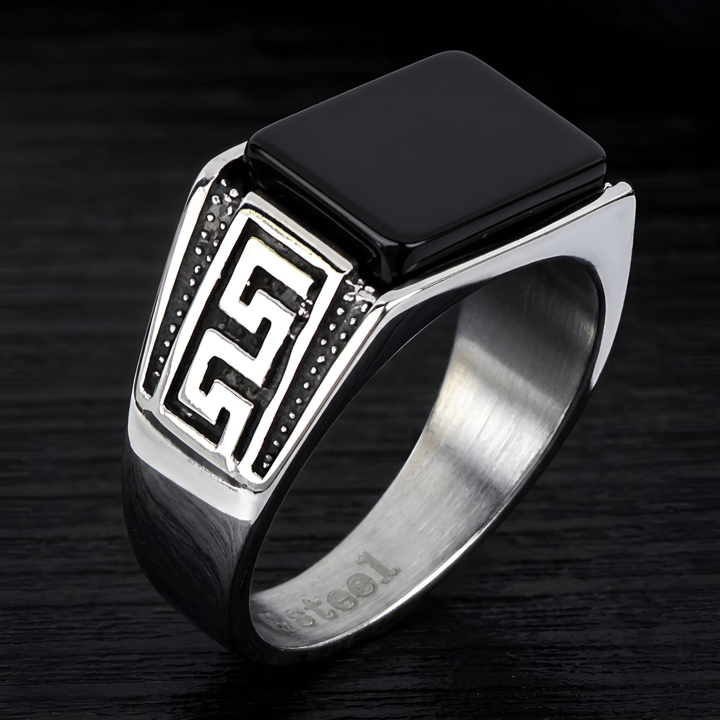 Greek Meander stainless steel ring with black onyx stone