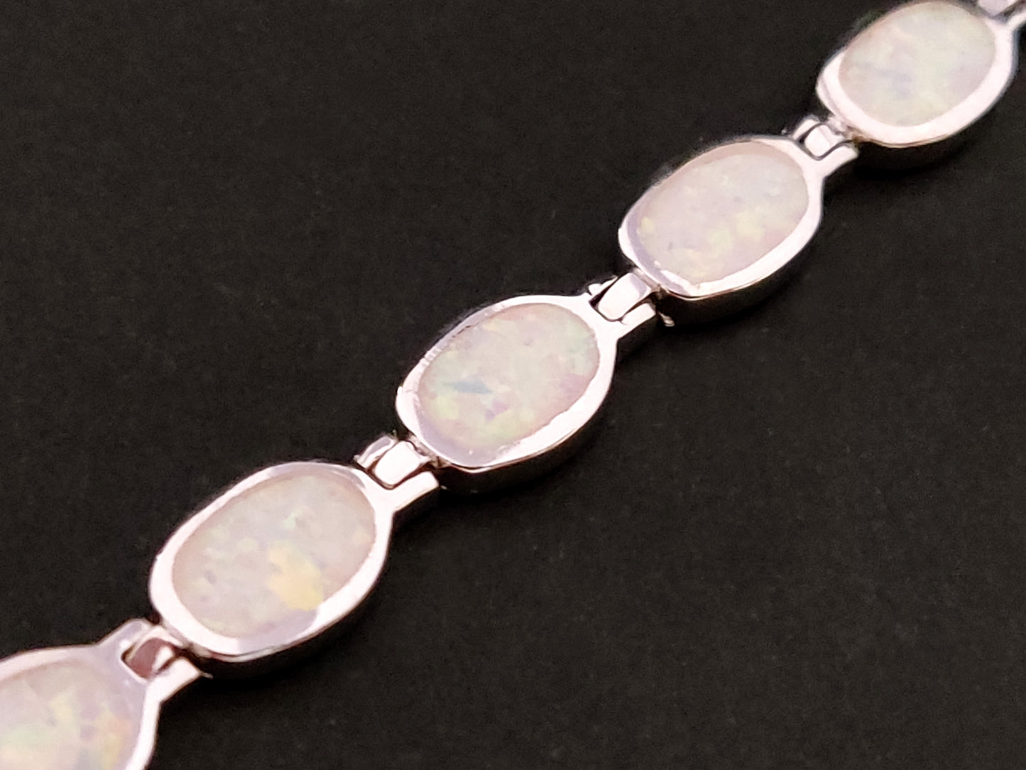 Sterling Silver 925 Fire Rainbow White Oval Opal Stones Greek Bracelet