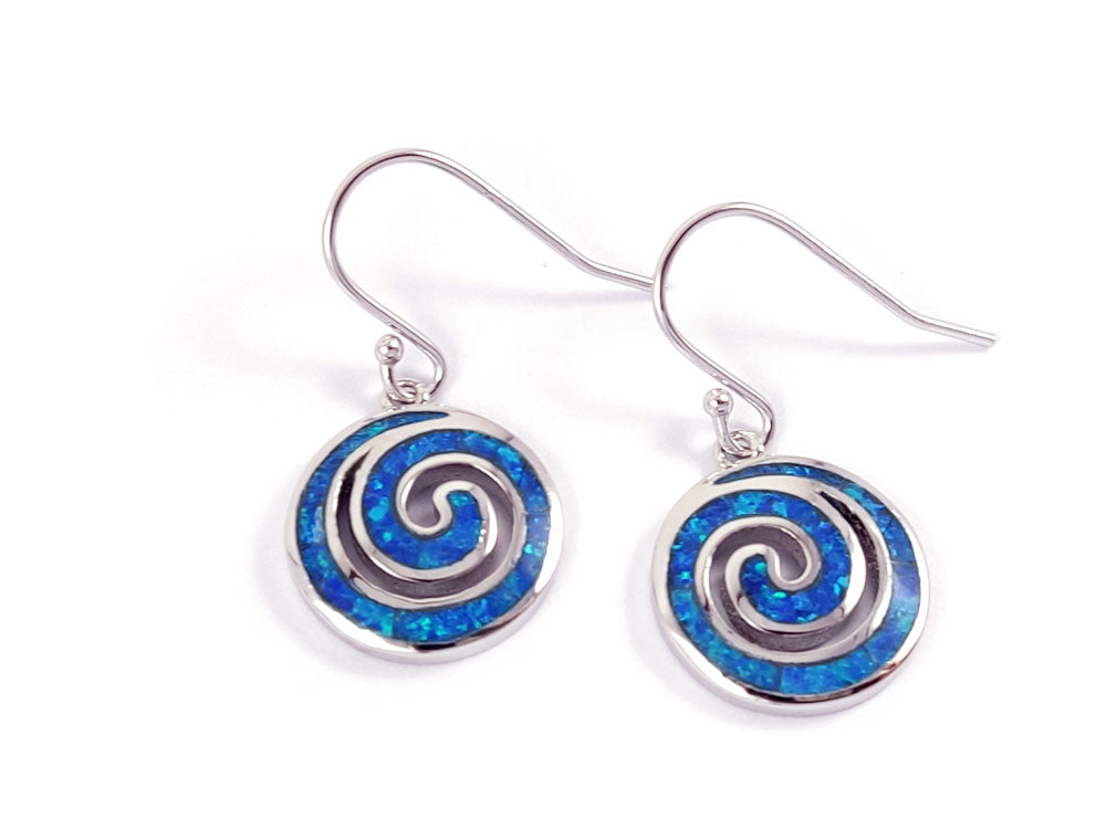 View of Dangle Earrings – A perspective of the handcrafted Greek silver earrings, highlighting their 15mm width (0.59 inches) and shimmering opal stones against a timeless silver backdrop.