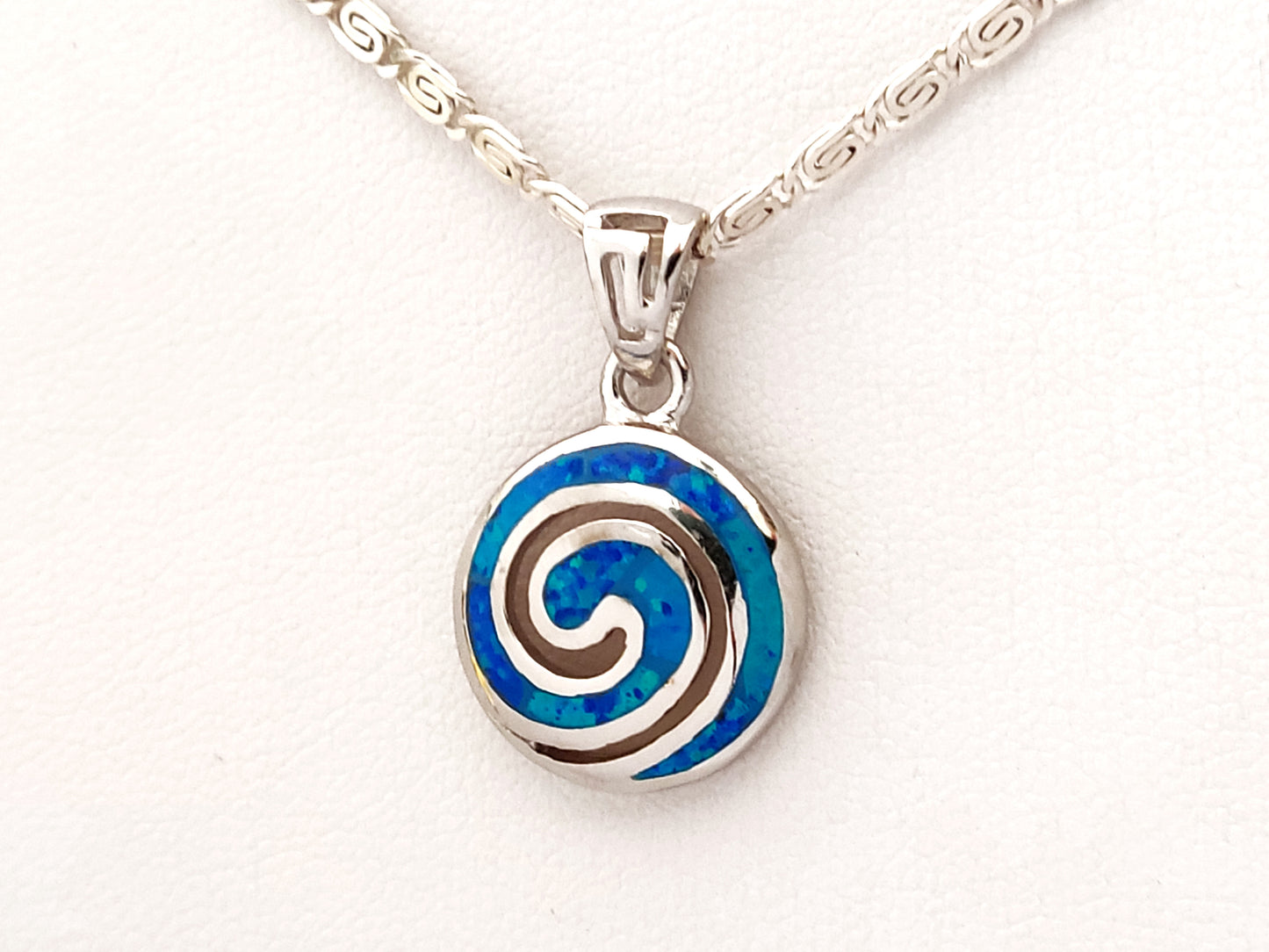 Greek Spiral Blue Opal Silver Pendant Infinity Chain Necklace 15mm