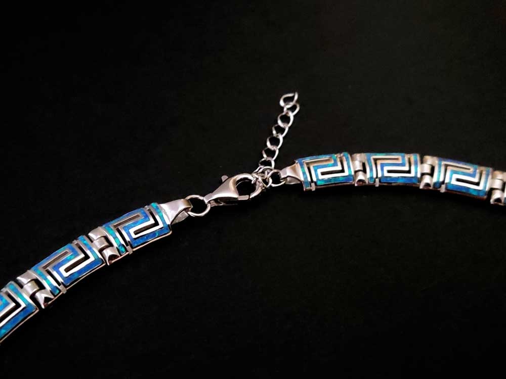 Greek Key Blue Opal Curved Silver Necklace