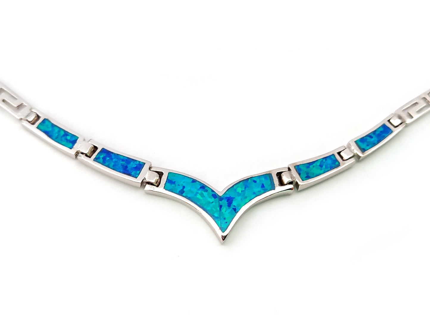 Greek Key Silver Necklace Blue Opal Stones V Style
