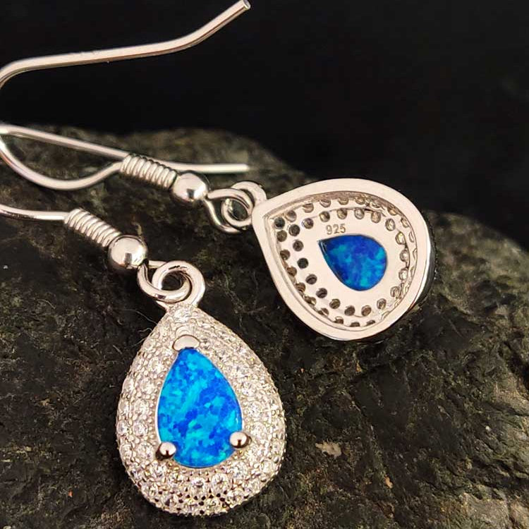 Greek made Sterling Silver Blue Opal Drop Earrings jewelry gift for women