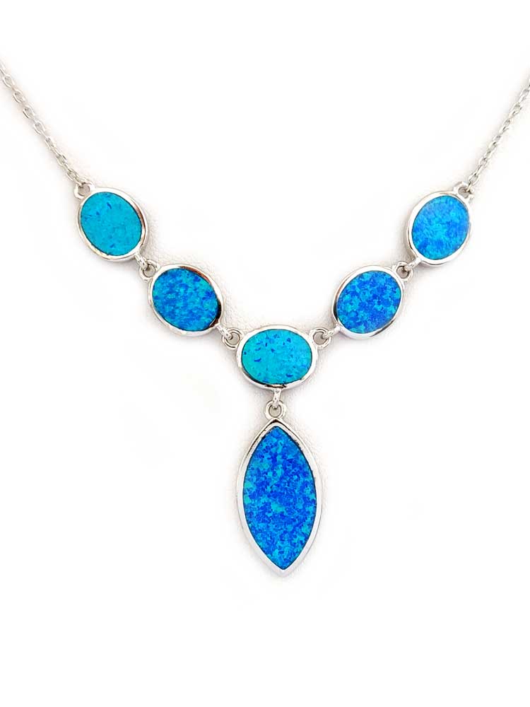 Adjustable chain necklace with blue opal accents and Greek design