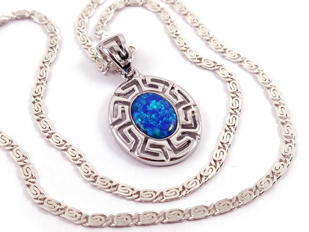 Greek key design sterling silver pendant with blue opal stone, 18x16mm.