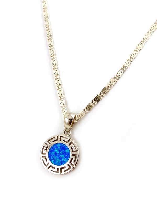 Greek Blue Opal Silver Round Pendant 14mm Necklace