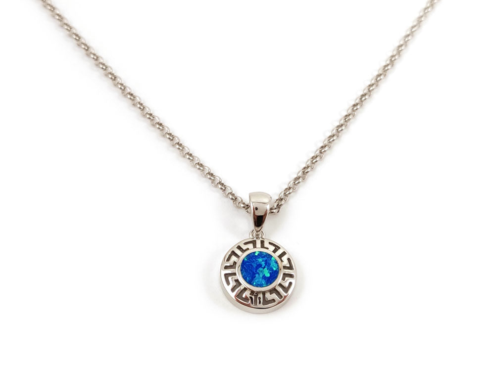"Elegant Blue Opal Sterling Silver 925 Pendant featuring a Greek Key Design, 12mm pendant and 2mm chain width."