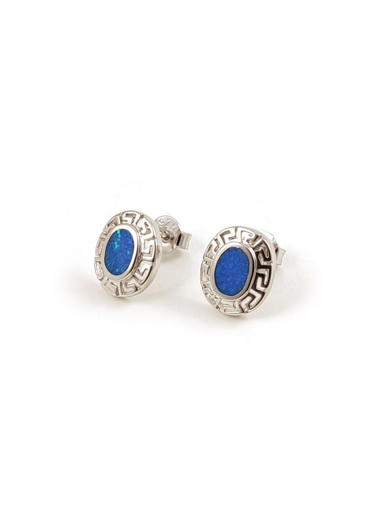 Sterling Silver 925 dangle earrings with blue opal stones and Greek Key Infinity Design, 12 x 10mm, Made In Greece.