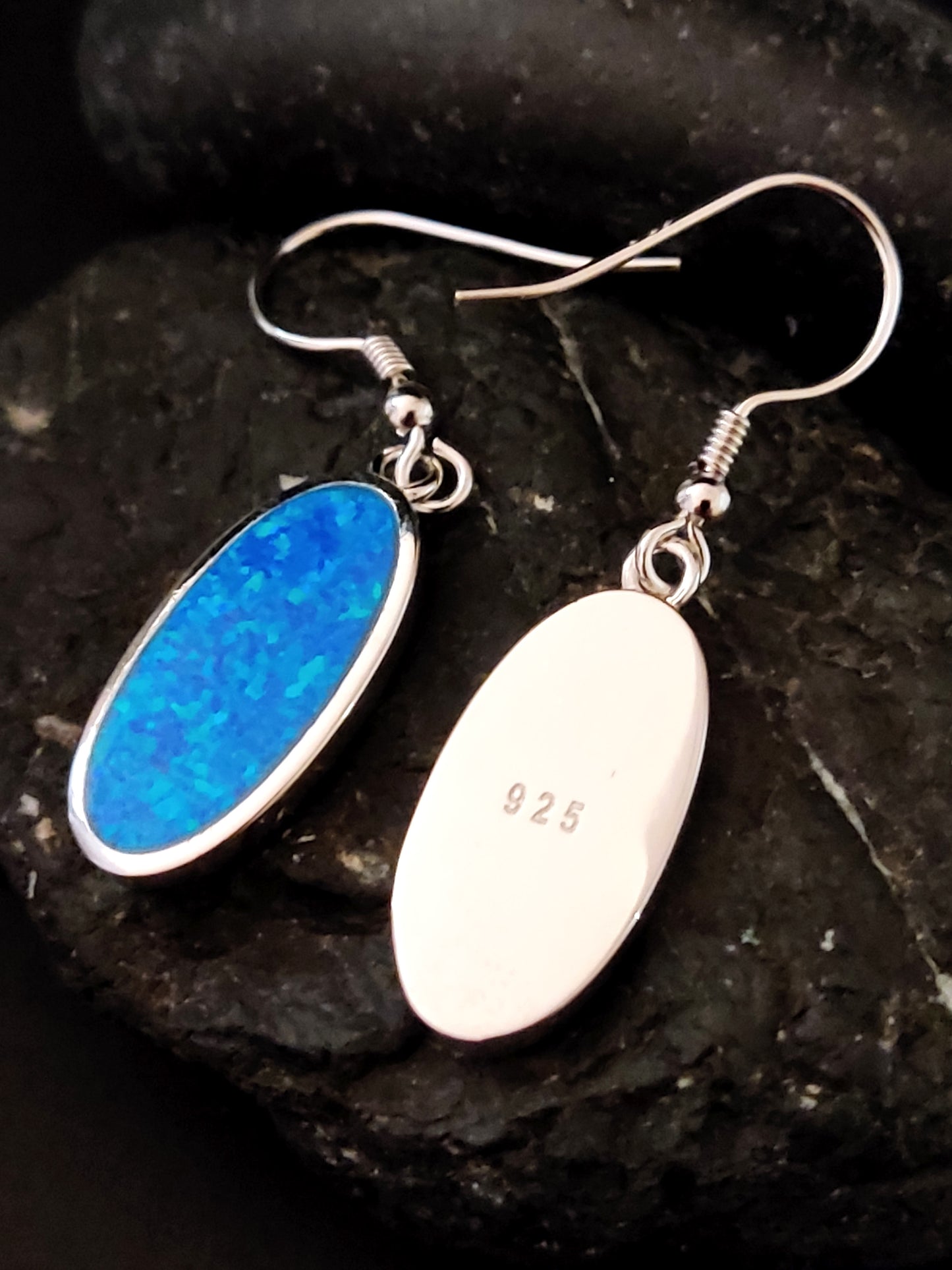 Blue Opal Oval Silver Dangle Greek Earrings 19x10mm