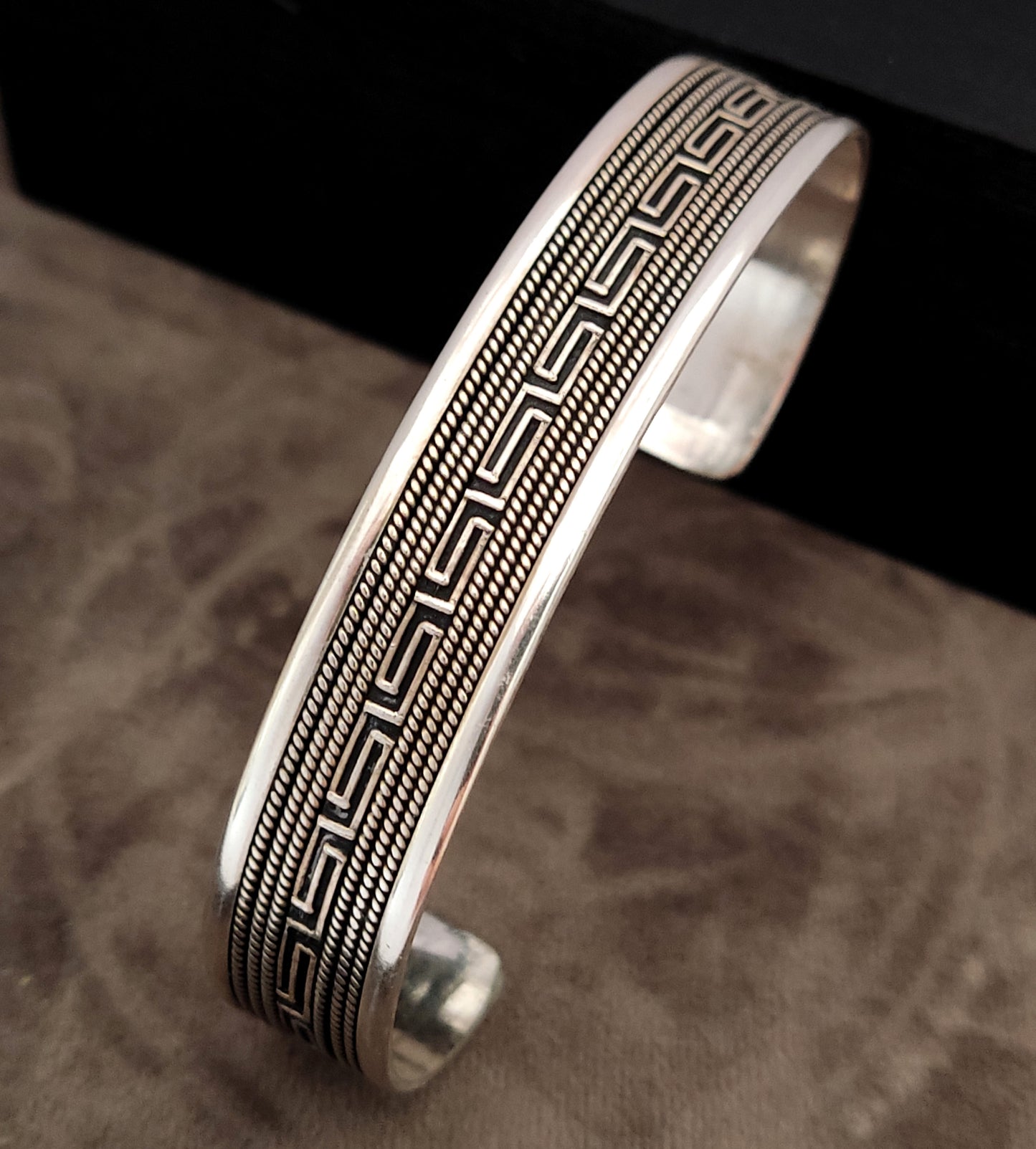 Greek Key Meander Silver 925 Unisex Men Women Cuff Bracelet