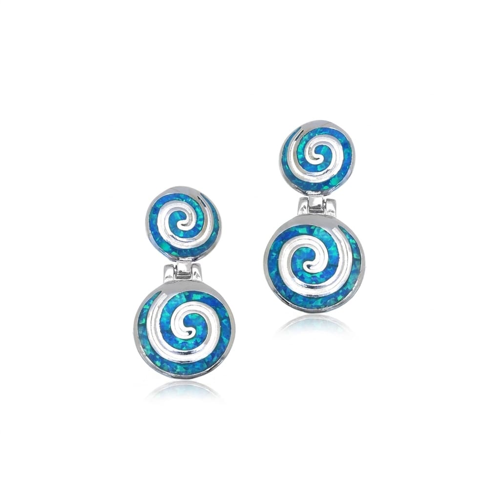Pair of Greek spiral-shaped earrings with blue and white design on a white background