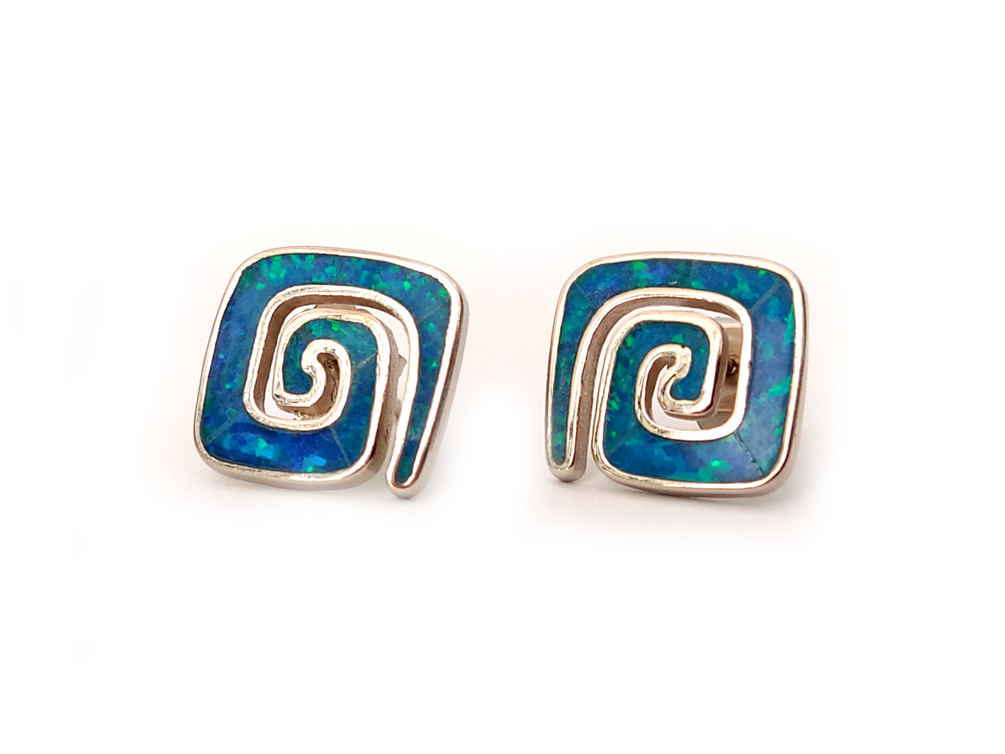 Greek Silver Earrings Blue Opal 12x12mm