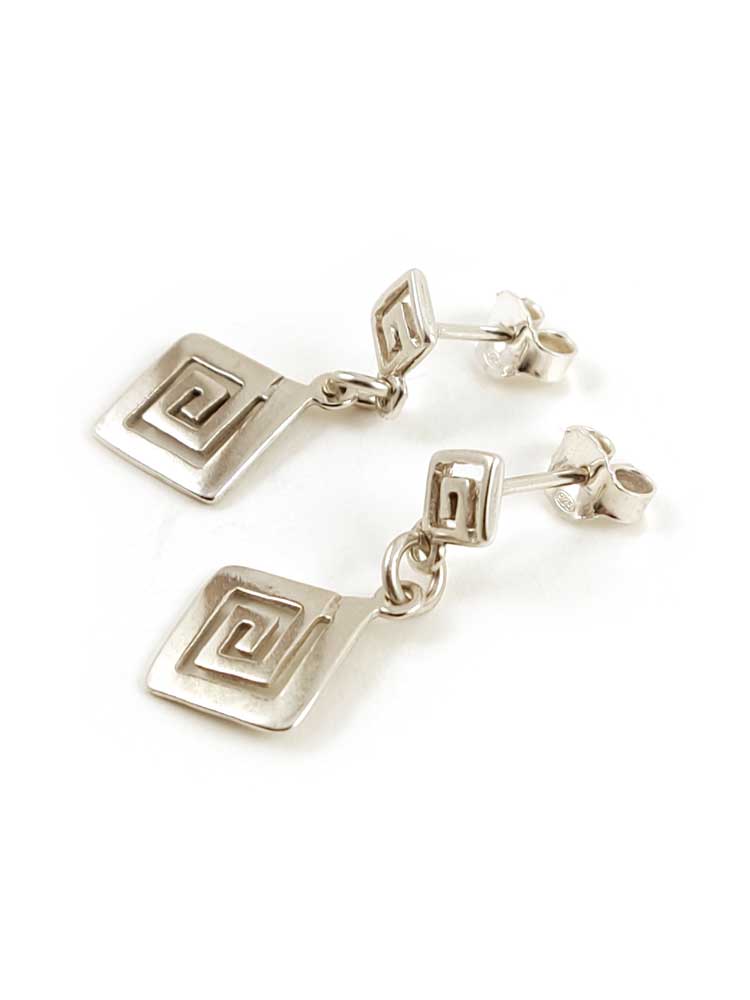 Sterling Silver 925 Double Greek Key Dangle Earrings