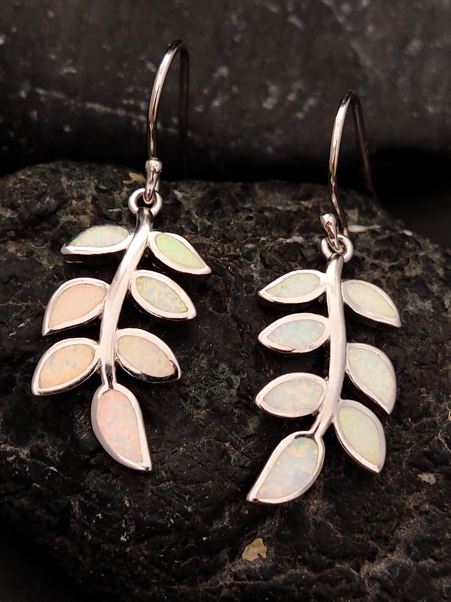 Greek Olive Leaves White Opal Dangle Silver Earrings