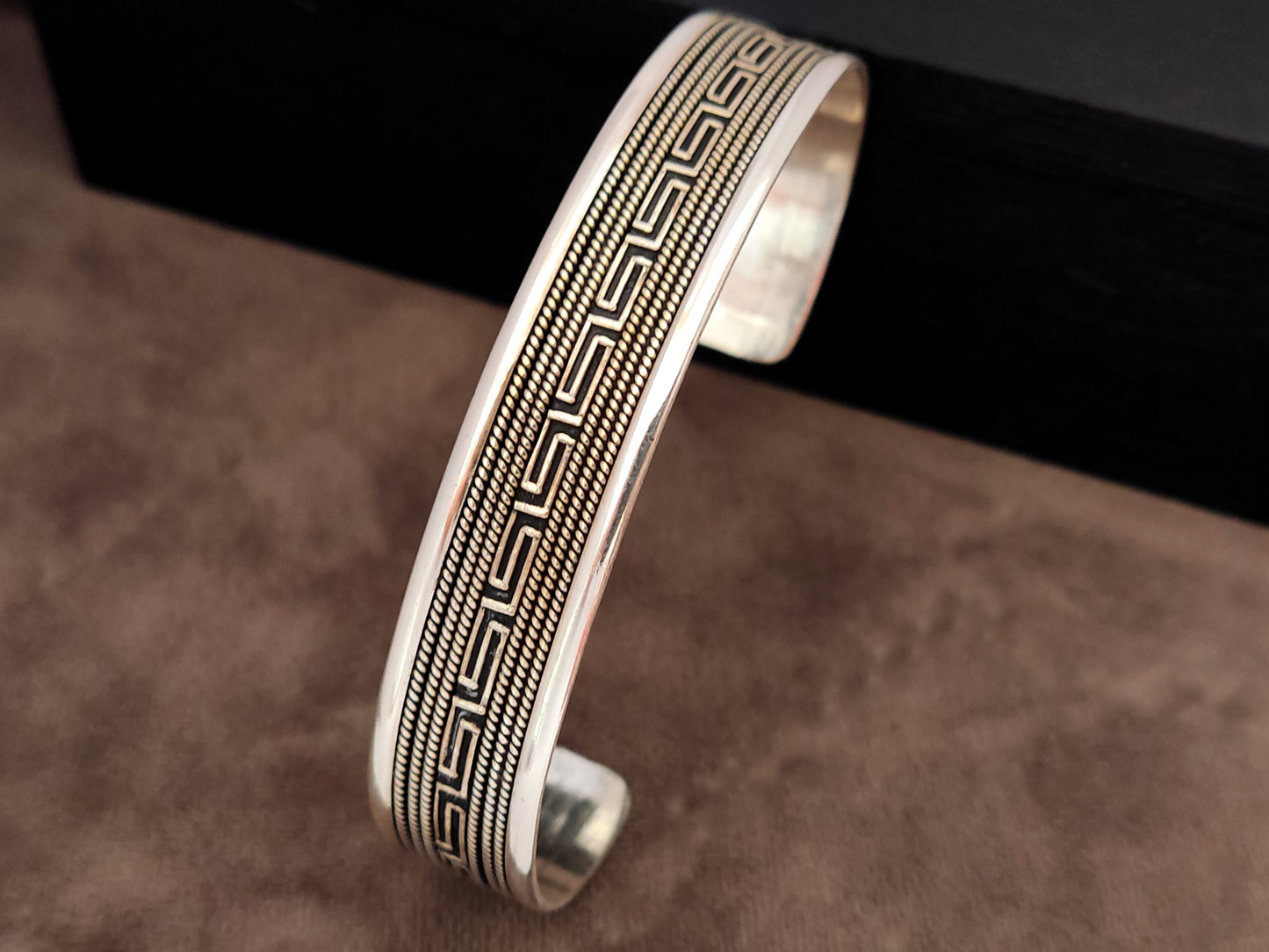Greek Key Meander Silver 925 Unisex Men Women Cuff Bracelet