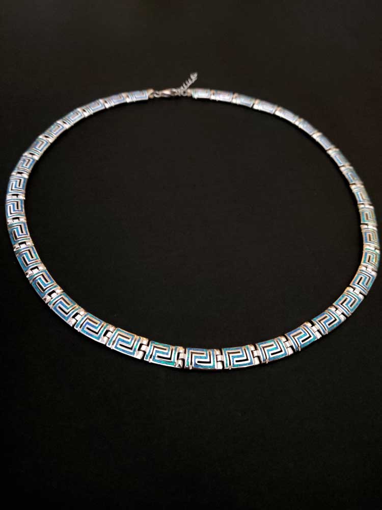 Greek Key Blue Opal Curved Silver Necklace