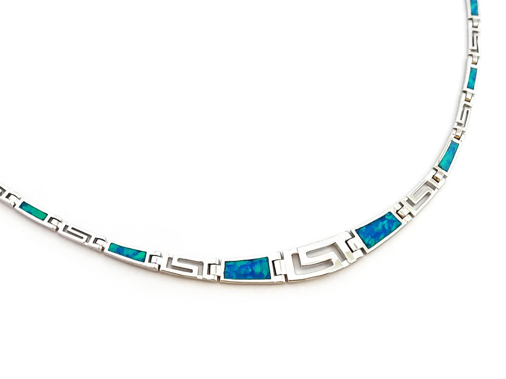 Blue opal silver necklace with the Greek Key design or also known like Meander. Ships from Greece by Sirioti jewelry.