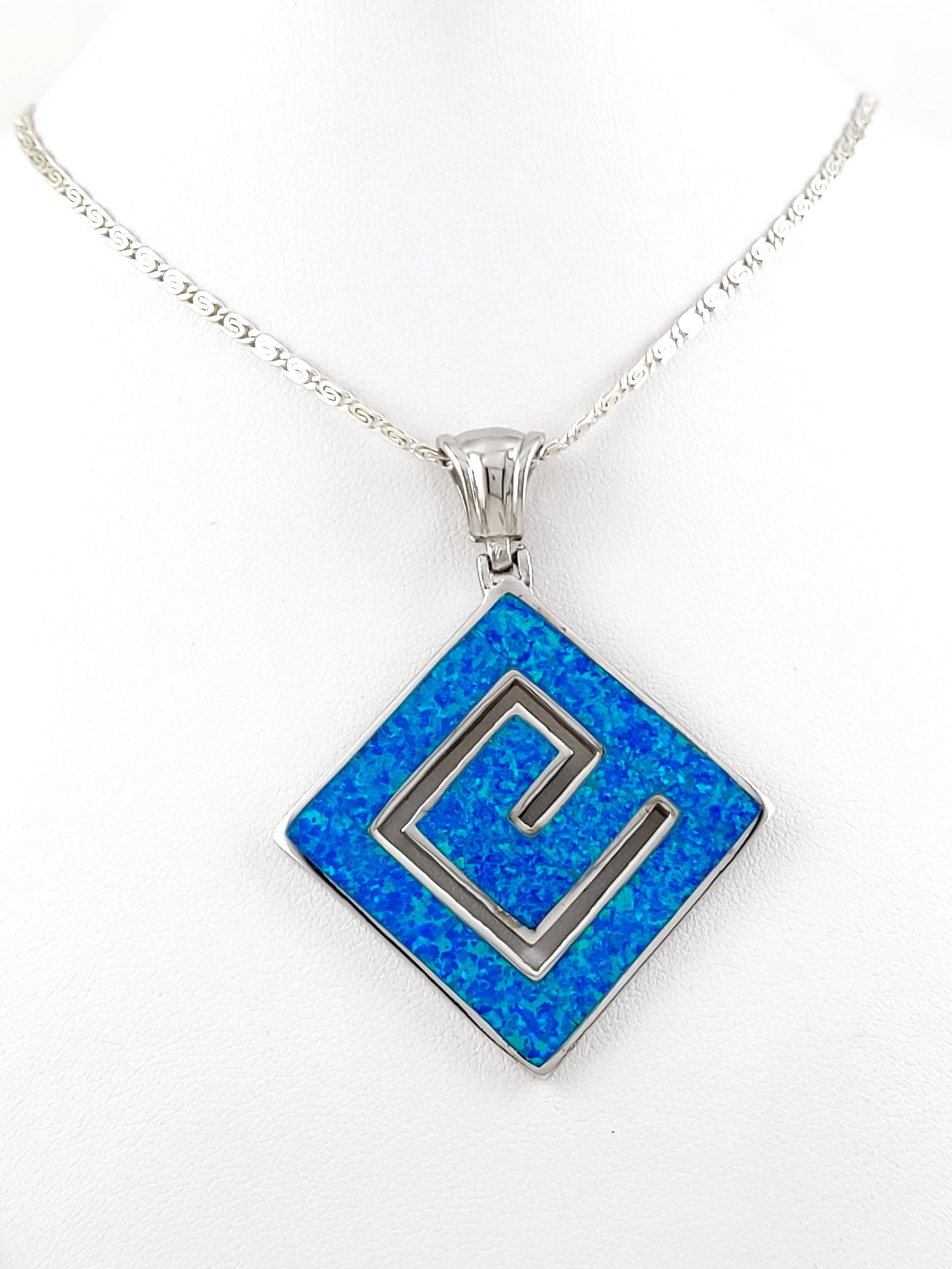 Greek Key Blue Opal Big Square Silver Pendant Necklace