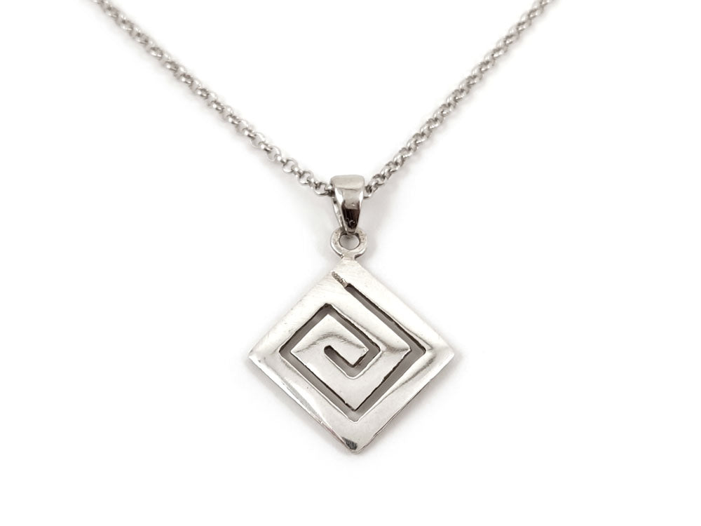 Sterling Silver 925 Necklace with Greek Key Pattern Pendant – A detailed sterling silver pendant displaying the Greek Key pattern, measuring 16 x 16 mm (0.62 x 0.62 inches). The pendant is attached to a 2 mm (0.007 inch) wide silver chain. Handcrafted in Greece, it features a hallmark 925 stamp.