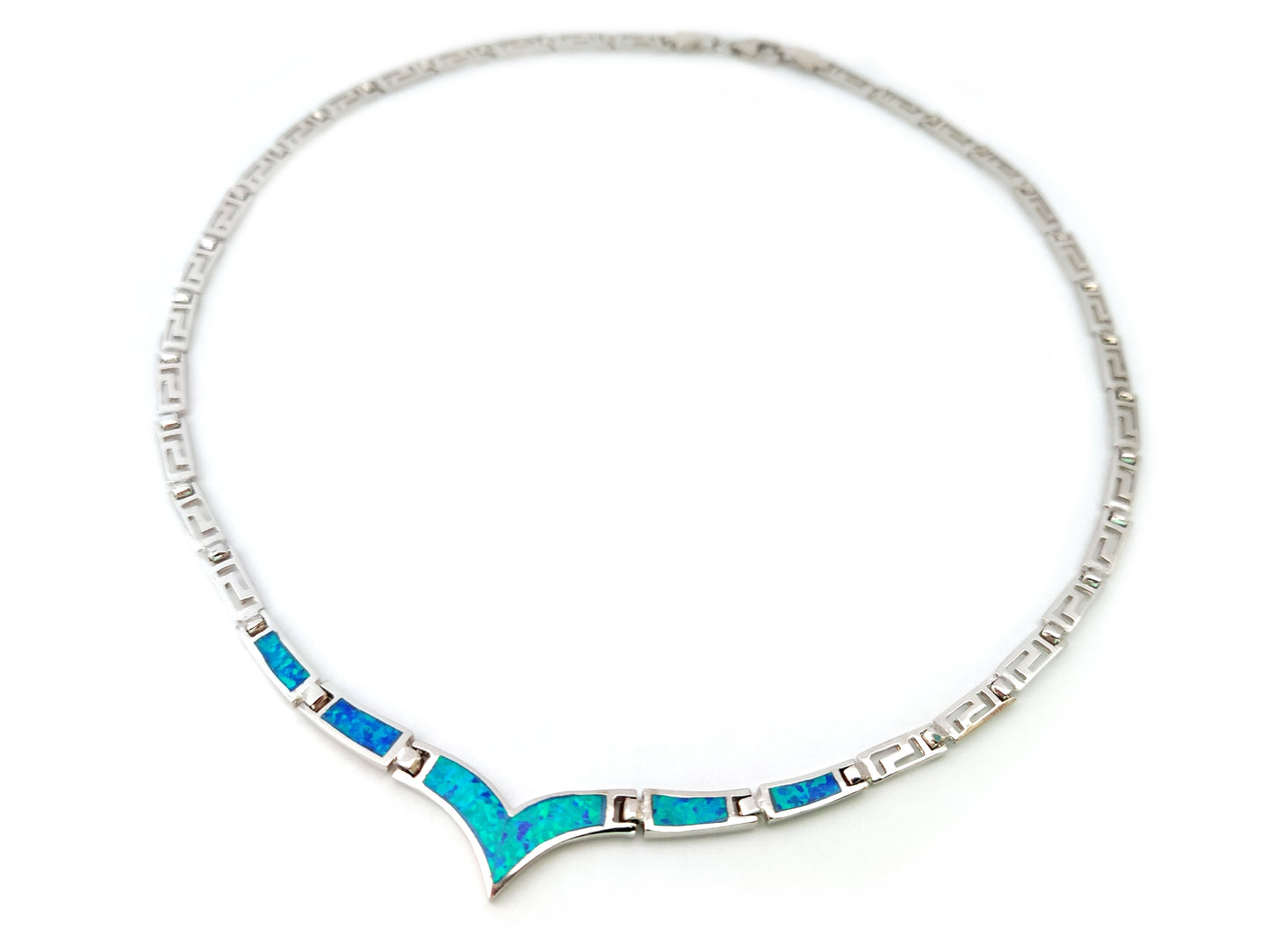 Greek Key Silver Necklace Blue Opal Stones V Style