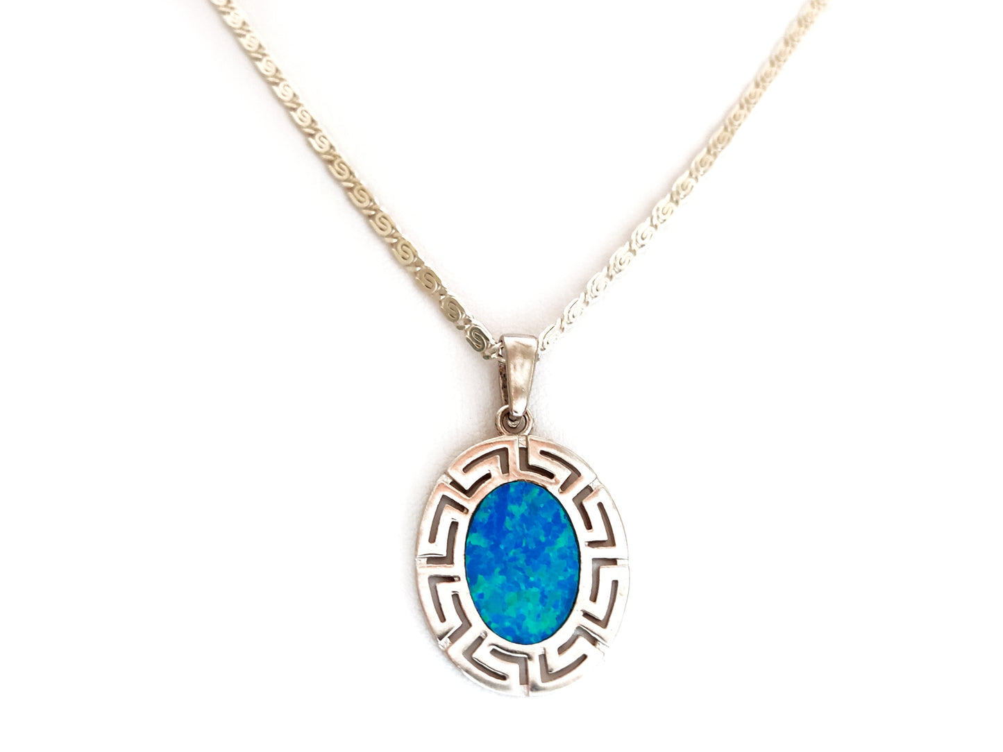Greek Silver Blue Opal Oval Pendant 23x20mm Chain Necklace