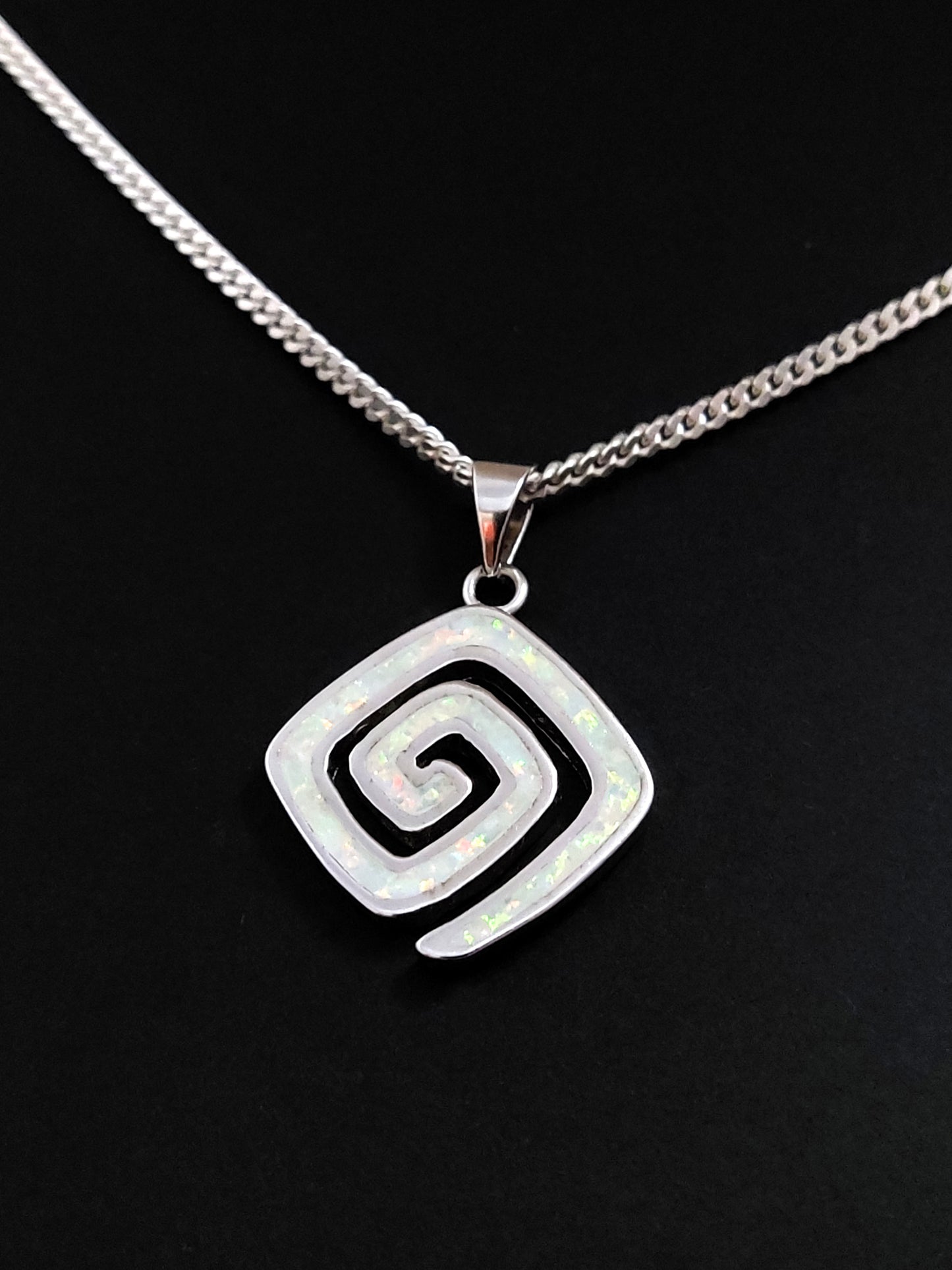 White Opal Greek Spiral Design Silver Necklace Pendant 15x15mm