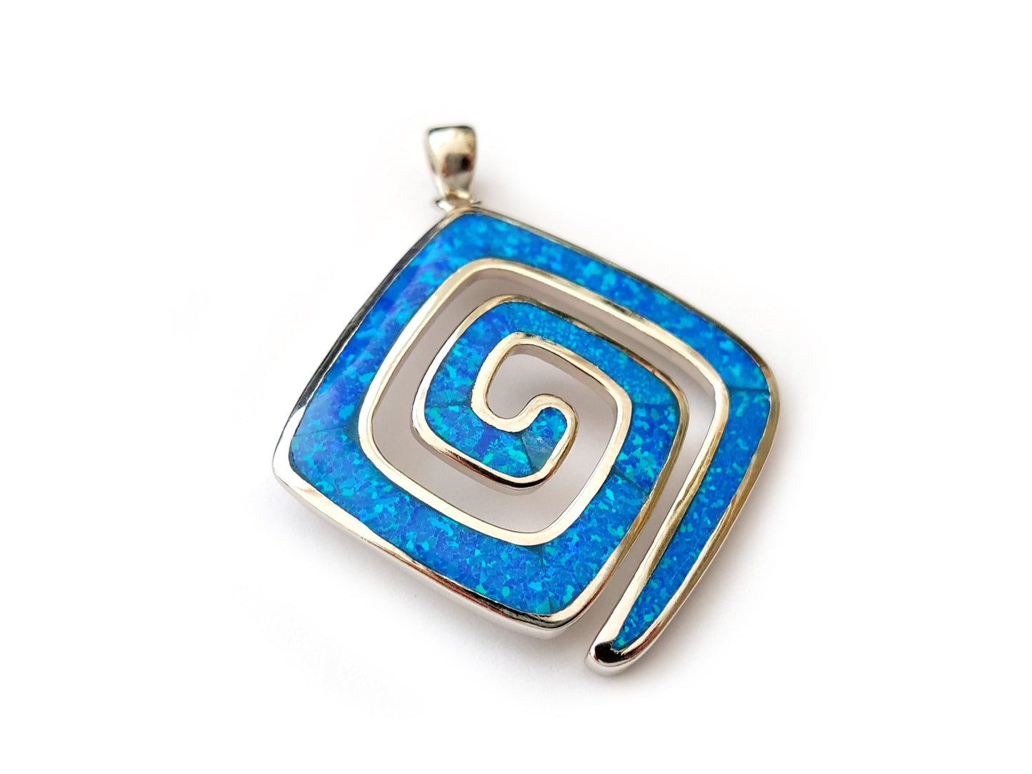 Greek Key Blue Opal Silver Pendant 27mm