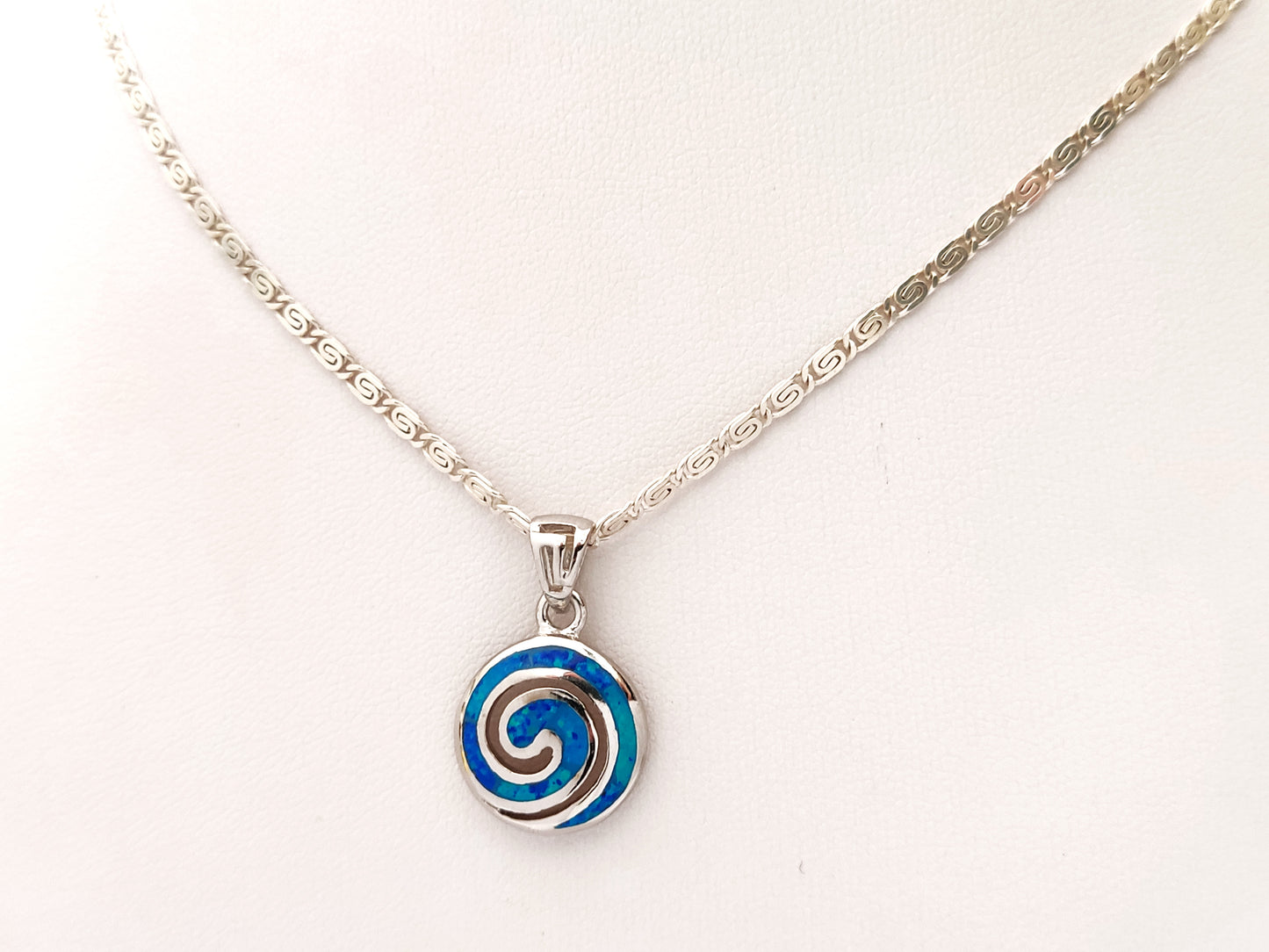 Greek Spiral Blue Opal Silver Pendant Infinity Chain Necklace 15mm