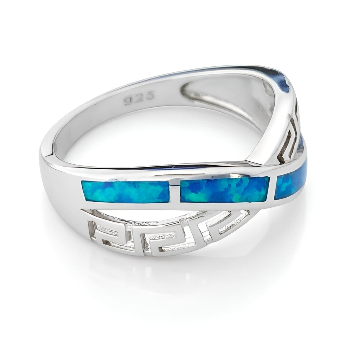 Sterling silver Greek key statement ring blue opal