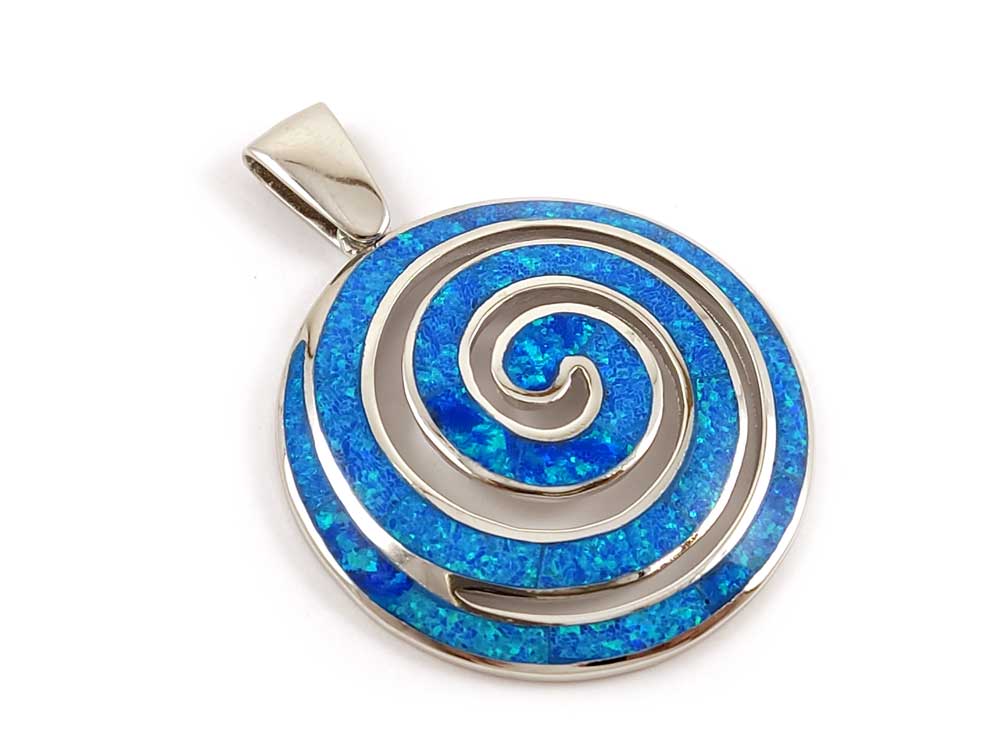 Collier avec pendentif en spirale grecque et opale bleue, 40 mm
