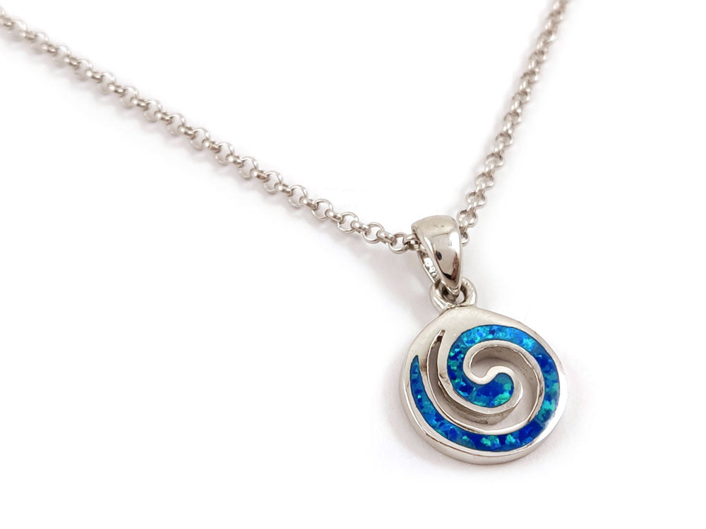 "Elegant Sterling Silver 925 pendant featuring a stunning blue opal and Greek spiral design, measuring 13 mm (0.50 inches)."