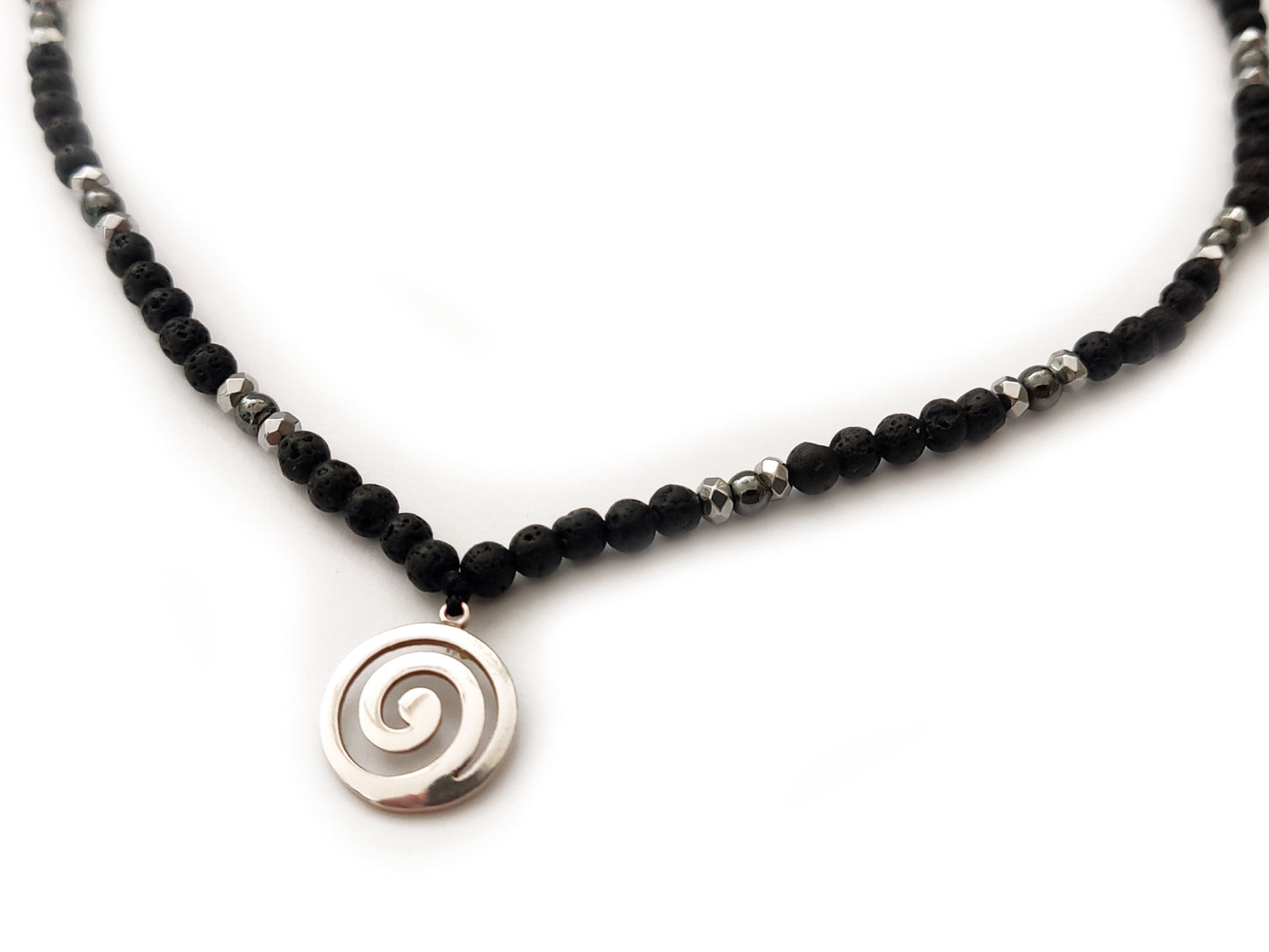 Greek Spiral Necklace | Sterling Silver 925 | Natural Volcanic Lava Stones 4mm | Sirioti Jewelry