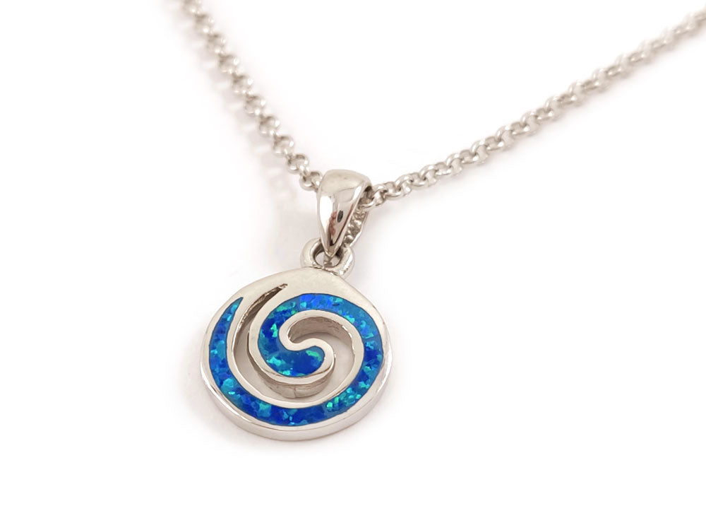 "Beautifully crafted blue opal pendant in Sterling Silver 925, adorned with a Greek spiral design; chain width: 2 mm (0.007 inches)."