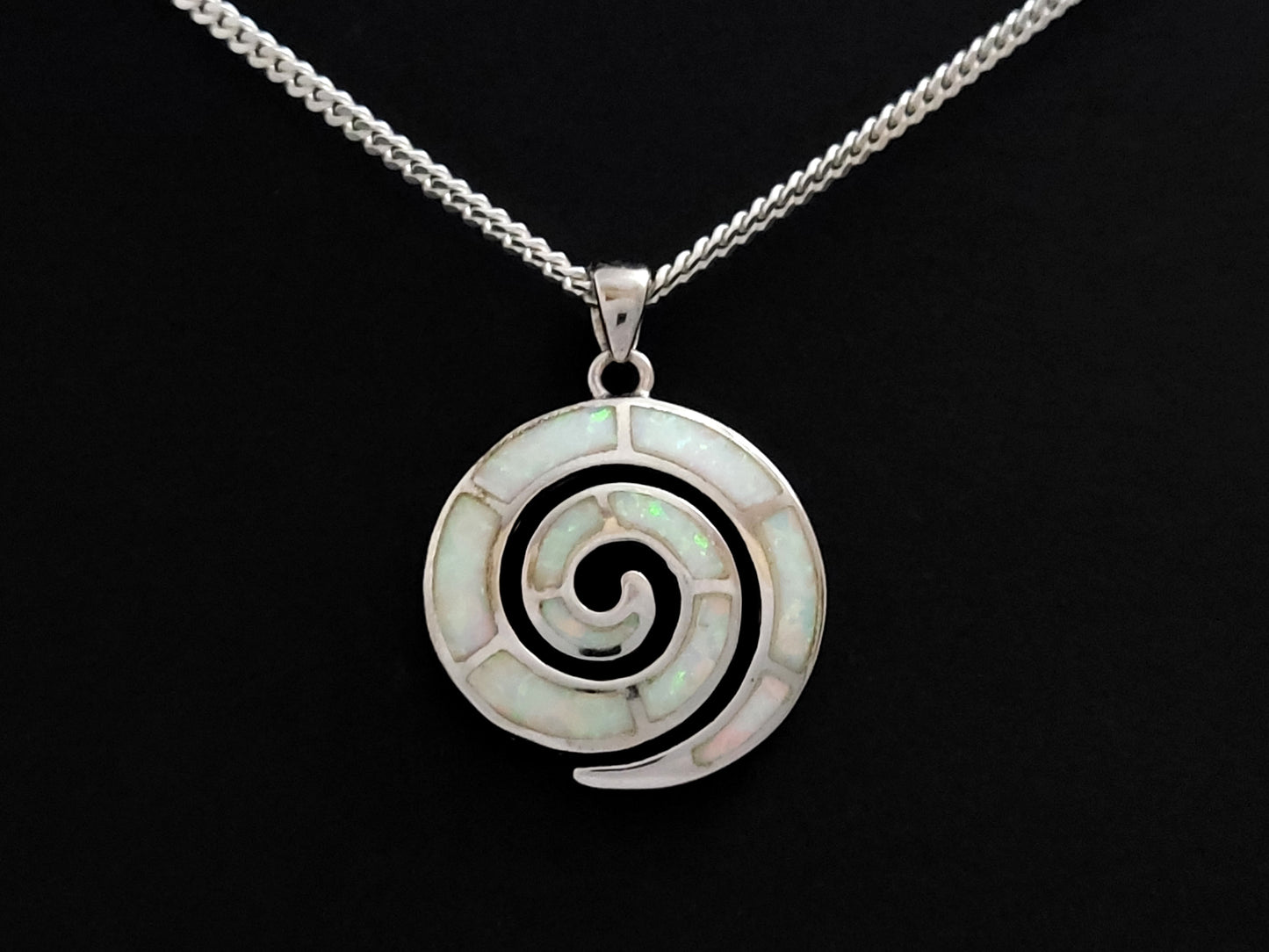 Greek Spiral White Opal Silver Pendant Necklace 23mm