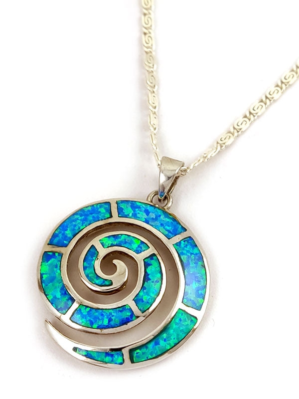 Greek Blue Opal Silver Pendant 26mm Necklace