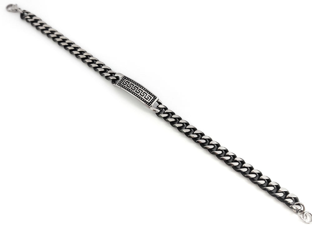 Close-up of Greek stainless steel bracelet showcasing ID style and polished finish