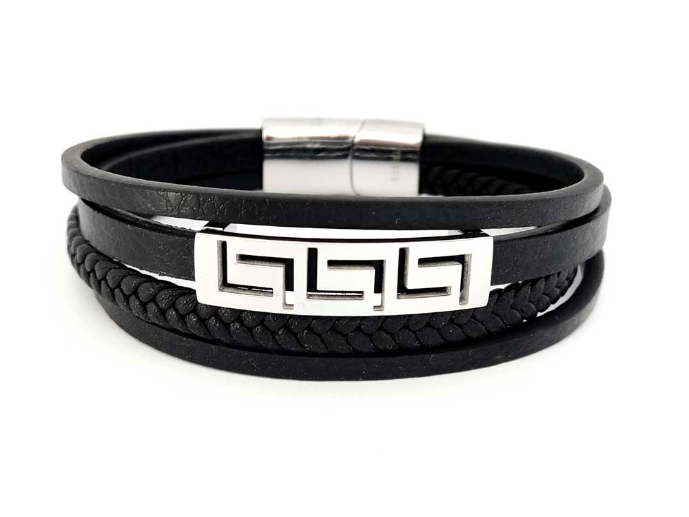 Black leather Greek key bracelet with stainless steel clasp – 4-in-1 layered design, made in Greece