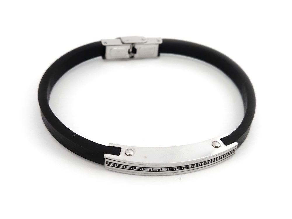 Close-up of Greek Key Meander bracelet with stainless steel and leather design