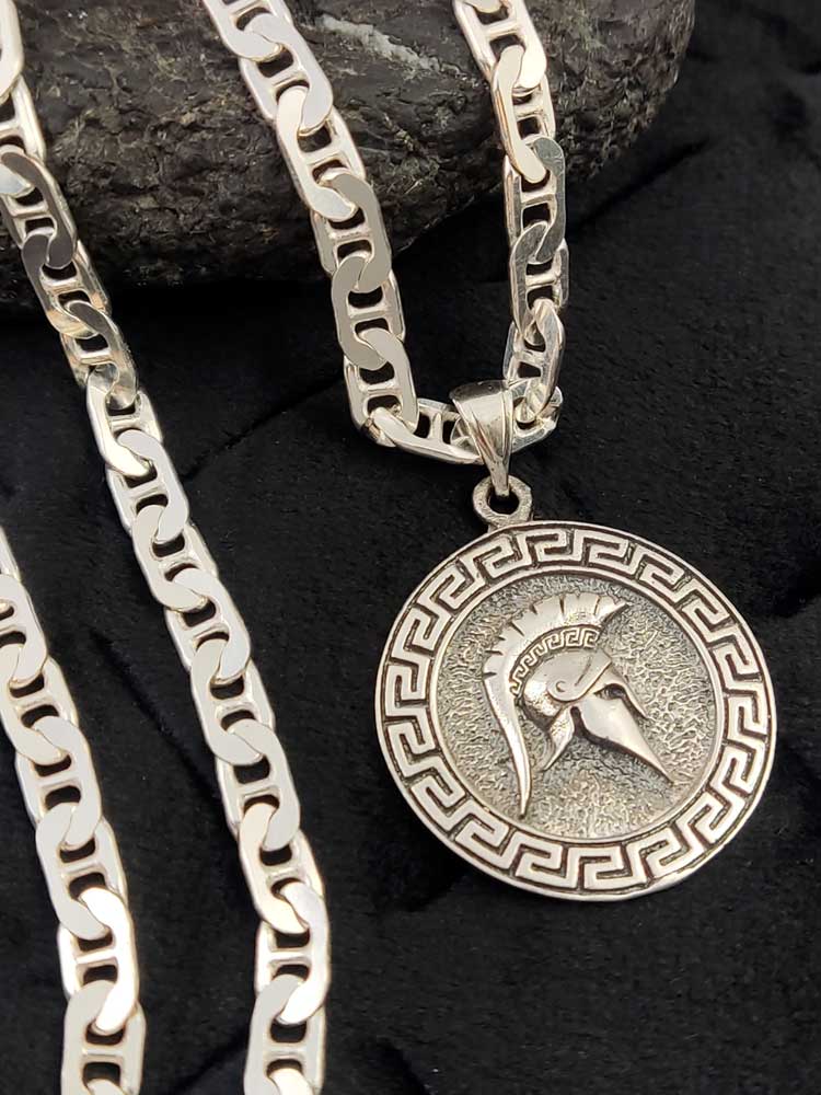 Side view of Greek Key and Helmet Pendant, showing polished Sterling Silver 925 finish and detailed engraving.