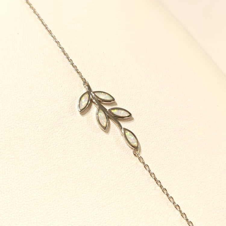 white opal silver bracelet in leaf design made in Greece