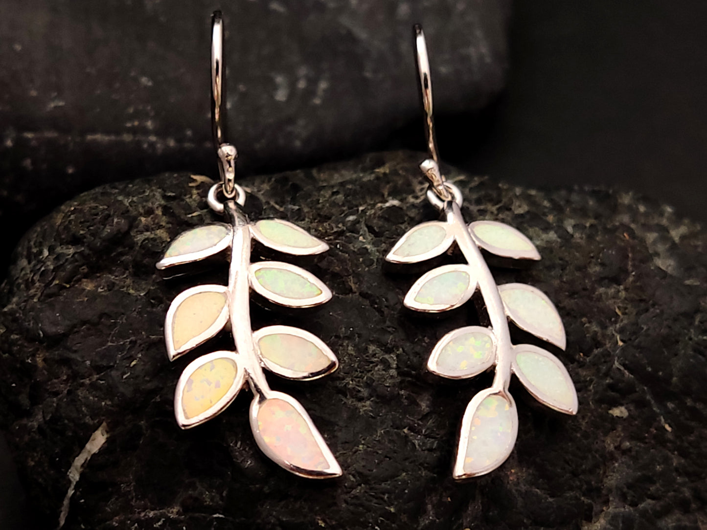 Greek Olive Leaves White Opal Dangle Silver Earrings